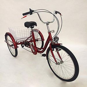 Driewieler voor volwassenen, 24 inch (va. 61 cm) met boodschappenmandje en rugleuning, 6 versnellingen, 3 wielen, geschikt voor senioren, driewieler, cruisebike, comfortfiets voor buitengebruik, sport en winkelen (rood)