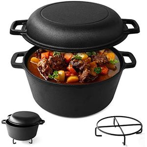 Joejis Dutch Oven 4.7L voorgekruide gietijzeren pot met 1.75L multifunctioneel deksel Geschikt voor ovens en kookplaten - 2 in 1 Dutch Oven Pot voor het maken van brood of Sudderende stoofpot & meer