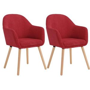 WOLTU EZS26rt-2 Eetkamerstoelen, set van 2, keukenstoel, woonkamerstoel, gestoffeerde stoel, modern design met armleuning, zitting van corduroy, frame van massief hout, rood