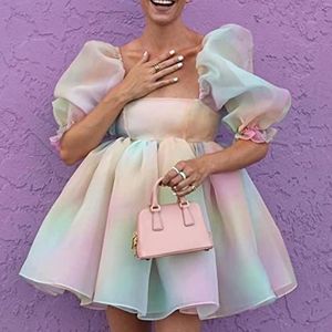 Dames puff mouwen mini -jurk tule prinses jurk ruche mesh bruiloft feestbal zoete schattige mini jurk-Mini D,L