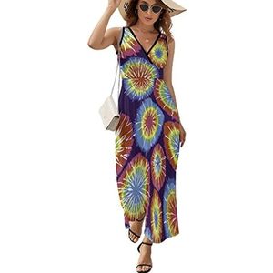 Regenboog Stippen Tie Dye Casual Maxi Jurk Voor Vrouwen V-hals Zomer Jurk Mouwloze Strandjurk M