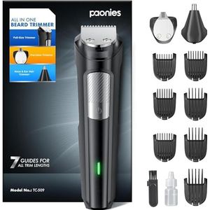 Baardtrimmer voor heren, all-in-1 baardtrimmer, neushaartrimmer, draadloos, USB-oplaadbaar en waterdicht scheerapparaat, elektrisch met 7 opzetkammen, ultrascherp lemmet