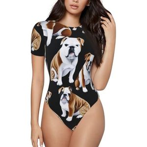 KHDKLXOHZ 3d Engelse bulldogs bodysuits voor dames - shapewear met korte mouwen, ronde hals, rekbare basic T-shirt tops, casual slim comfortabele pasvorm turnpak-onesie, 3d, S