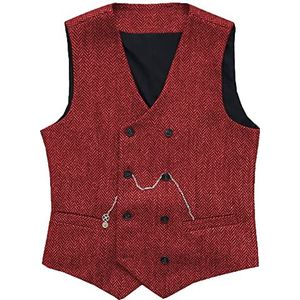 Heren Visgraat Vest met dubbele rij knopen Wollen Business Tweed gilet kleedt slank af(XX-Large, rood)