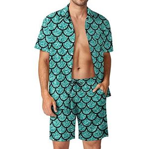 Aquamarijn Glitter Scals Heren Hawaiiaanse Bijpassende Set 2-delige Outfits Button Down Shirts En Shorts Voor Strand Vakantie