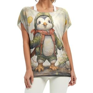 Leuke aquarel pinguïn vrouwen korte vleermuismouwen shirt ronde hals T-shirts losse tops voor meisjes, Patroon, L