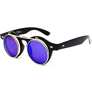 Ultra Steampunk Flip Up Zonnebril Ronde Bril Retro Goggles Heren Dames UV400, Zwart met blauwe lenzen, S