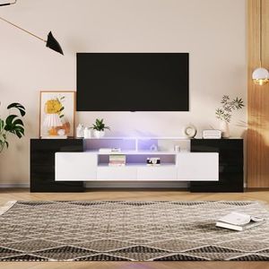 Aunlva Stijlvolle tv-kast, laag paneel. Hoogglans wit en zwart, 200 cm, LED-verlichting woonkamermeubel. Modern design. Elegant glazen oppervlak.