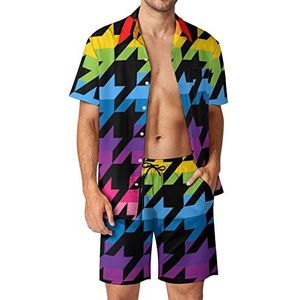 Rainbow Houndstooth Tweed Hawaiiaanse bijpassende set voor heren, 2-delige outfits, button-down shirts en shorts voor strandvakantie