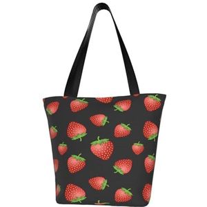 Schoudertas, canvas boodschappentas, grote tas voor dames, casual tas, herbruikbare boodschappentassen, aardbeien, roze, aardbeienprint, Als afbeelding, Eén maat