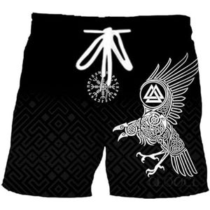 Viking Odin's Raven Shorts Voor Heren, Noordse 3D-geprinte Thor's Hamer Casual Sneldrogende Amuletkleding, Zomer Vegvisir Harajuku Street Shorts met Trekkoord (Color : Crow C, Size : XXL)