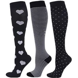 3 paar compressiekousen voor mannen en vrouwen 20-25 mmHg compressiekousen beste atletische en medische sokken voor sport hardlopen, zwangerschap, vliegreizen, verpleging, Wit+Zwart+Zwart, S/M (Tall)