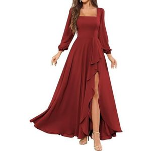 HPPEE Bruidsmeisjesjurken met lange mouwen en split ruches vierkante hals chiffon formele avondjurk, Bordeaux, 32