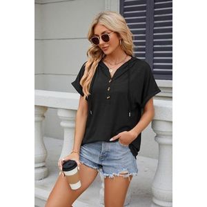 Casual hoodies for dames met korte mouwen, T-shirts met V-hals, losvallende blouses(Black,XXL)