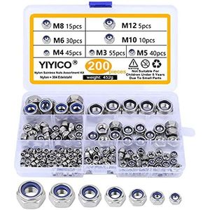 YIYICO Remmoeren, zeskant, borgmoeren, 200 stuks, zelfborgende moeren, roestvrij staal, M3, M4, M5, M6, M8, M10, M12, nylon, tegenmoeren, zilver, voor bouten, schroeven