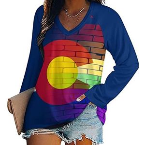 Homo Regenboog Muur Colorado Vlag Vrouwen Lange Mouw V-hals T-shirts Herfst Tops Trui Tuniek Tee voor Leggings