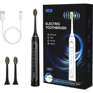 Tandenborstel, Elektrische Tandenborstel, Elektrische Tandenborstel Met (2) Opzetborstels, Oplaadbaar, Zwart/wit (Color : Black)