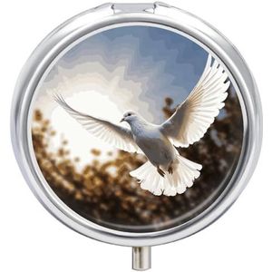 Witte duif vliegt in de zon, ronde pillendoos, reis-pillendoos, draagbaar, 23 vakken, medicijnen, metaal, tablethouder, vitamine-houder voor portemonnee, tas