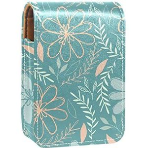 Draagbare Lipstick Case voor op reis,Mini Lipstick Opbergdoos met spiegel voor vrouwen dames, Lederen Cosmetische Pouch bloem schetsen, Meerkleurig, 9.5x2x7 cm/3.7x0.8x2.7 in
