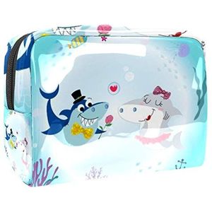 Make-up tas PVC toilettas met ritssluiting waterdichte cosmetische tas met cartoon haai paar patroon voor vrouwen en meisjes