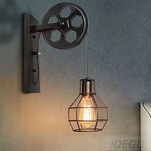 IDEGU Vintage wandlamp E27 wandlampen in industrieel katrol ontwerp retro lamp van metaal en hout hanglamp wandlamp voor bar slaapkamer woonkamer restaurant café hal - zwart