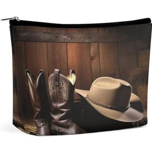 JKLPOMN Vrouwen draagbare reizen make-up tas, cowboy zwarte hoed westerse laarzen bedrukte waterbestendige make-up tassen, schattige make-up tas, van toepassing op cosmetica, make-up borstels