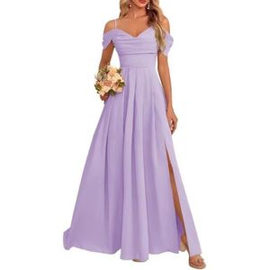 Dames chiffon bruidsmeisjes jurken met split lange galajurken ruches cocktailjurk plus size, Lila, 32