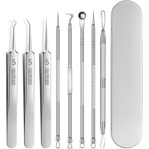 Trendecor 8 stuks mee-eterverwijderaar, comedonenknijper, roestvrij staal, pincet, milienmessen, mee-etverwijderaar met acne en puistjes, voor neusverzorging