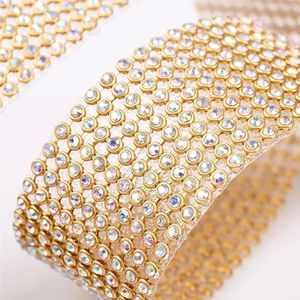 Diamant linten 8 rijen goud kristal strass ketting trim glas gouden basis strass lint duidelijk strass tape trim opstrijkbare schoenen (kleur: goud kristal AB, maat: 3 rijen x 1,2 meter - 0,9 cm)