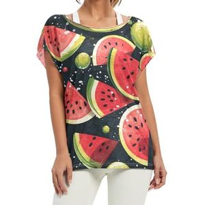 Tropisch fruit watermeloen dames korte vleermuismouwen shirt ronde hals T-shirts losse tops voor meisjes, Patroon, S