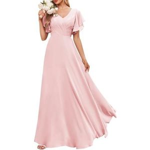 Chiffon bruidsmeisjesjurken voor dames, met split, baljurken, cocktailjurken, grote maten, Blush Roze, 32