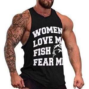 Vrouw Love Me Fish Fear Me Heren Tanktop Grafische Mouwloze Bodybuilding Tees Casual Strand T-Shirt Grappige Gym Spier