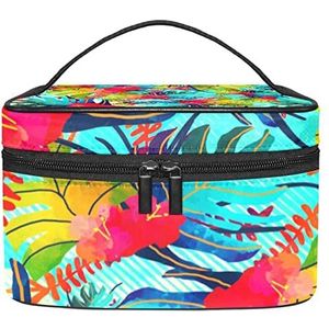 Tropische blauwe blad make-up organizer tas, reismake-up tas organizer case draagbare cosmetische tas voor vrouwen en meisjes toiletartikelen, Meerkleurig, 22.5x15x13.8cm/8.9x5.9x5.4in