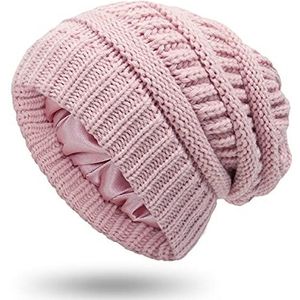 Yixda Slouchy Wintermuts voor dames, warme satijnen gevoerde gebreide muts, roze, 54/60 cm