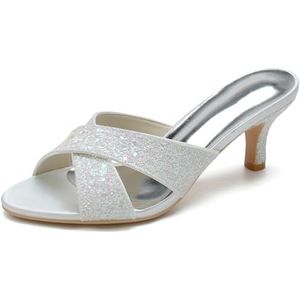 SYDZSW Trouwschoenen Naald Hak Glitter Hoge Hakken Bruidsschoenen Ivoor Sandaal Bride 35-43, Ivoor, 43 EU