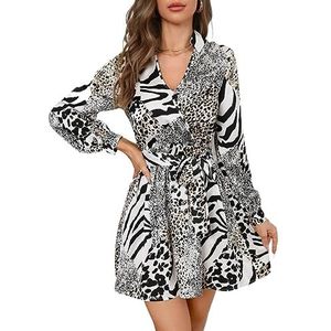 jurken voor dames Jurk met riem en riem met luipaard- en zebraprint (Color : Multicolore, Size : X-Small)