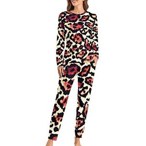 Schattige dierenprint zachte damespyjama met lange mouwen warme pasvorm pyjama loungewear sets met zakken XL