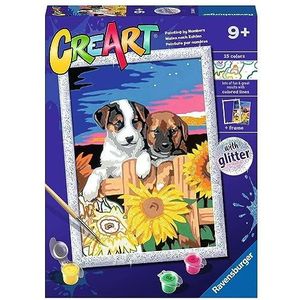 Ravensburger - CreArt D-serie: Honden met zonnebloemen, schilderen op nummer, bevat een voorbedrukt bord, kwasten, kleuren en accessoires, creatief spel voor kinderen vanaf 7 jaar