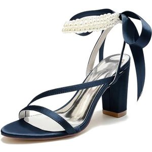 EICOFF Dames Blokhak Parel Trouwschoenen voor Bruid Open Teen Enkelbandje Sandalen met Hoge Hakken Bruidsfeest Jurk Schoenen Pumps,Dark blue,36 EU