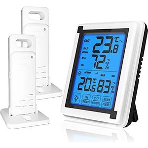 ThreeH Digitale hygrometer, draadloze buitenthermometer, vochtigheidsmeter met 2 sensoren, hygrometer, kamerthermometer voor magazijn in kantoor thuis (2 sensoren)