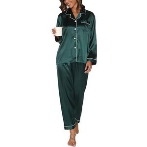 Pyjama Dames Satijnen Pyjama Set met knoopsluiting, Tweedelige Zijden Pyjama Voor Dames, V-hals Zachte Zijden Pyjama Nachtkleding, Loungewear Voor Alle Seizoenen