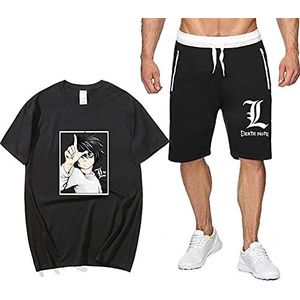 jakeydragon Death Note T-shirt en shorts Set mannen Manga Print Korte mouw T-shirt Jogger Shorts Pak 2-delig Casual Trainingspak Yagami Light Cosplay Set