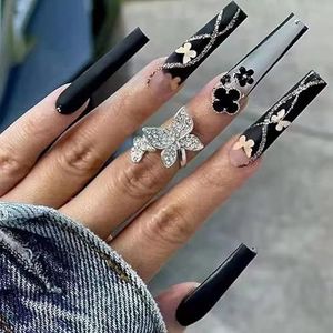 Coffin False Nails Long Fake Nails Press on Nails Bellarina Acrylic Stick on Nails 24pcs for Women and Girls (Color : Black, Size : Free size)