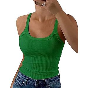 GEMBERA Vrouwen Spaghettiband Ronde Hals Geribbelde Tanktops Slank Getailleerd Katoenen Hemdje Basic Mouwloze Gelaagde Shirts, Kellygreen, L