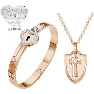 Lock Bracelet and Key Necklace Set,Heart Lock Bracelet Y Key Necklace Set Love You In 100 Languages,Key Pendant Necklace Valentines Day Gift(Color:Rose gold plated)