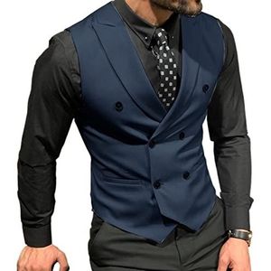 Double-breasted pak vest for mannen, revers casual formele zakelijke gilet vest, for bruiloft bruidegom dating, pak van 1 (Kleur : Navy Blue, Maat : L)