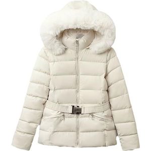 Dames Puffer Parka Met Riem en Capuchon Van Imitatiebont, Losse Pasvorm, Winddichte Winterjas for Warmte(White,XXX-Large)