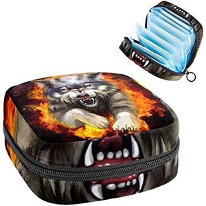 Periode Pouch Draagbare Tampon Opbergtas,Tampon Houder voor Portemonnee Vrouwelijke Product Organizer,Woede Wolf met vuur, Meerkleurig, 4.7x6.6x6.6 in/12x17x17 cm