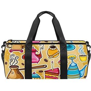 Abstracte gele zeshoek geometrisch patroon reistas sporttas met rugzak draagtas gymtas voor mannen en vrouwen, Vintage Cartoon Koffiebonen Cake Thee Cup Patroon, 45 x 23 x 23 cm / 17.7 x 9 x 9 inch