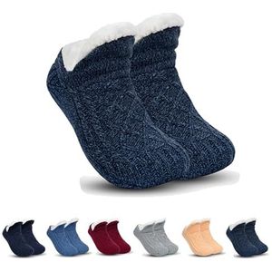Indoor Non-Slip Thermal Socks,Woven Indoor Socks Slippers,Women Fleece Lined Thermal Socks (Cyan-blue,L)